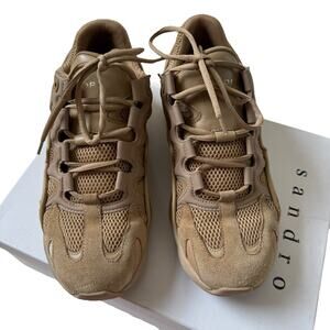 Sandro Paris Atomic Monochrome Beige Leather Fabric Sneaker Shoes Size 41 US 8